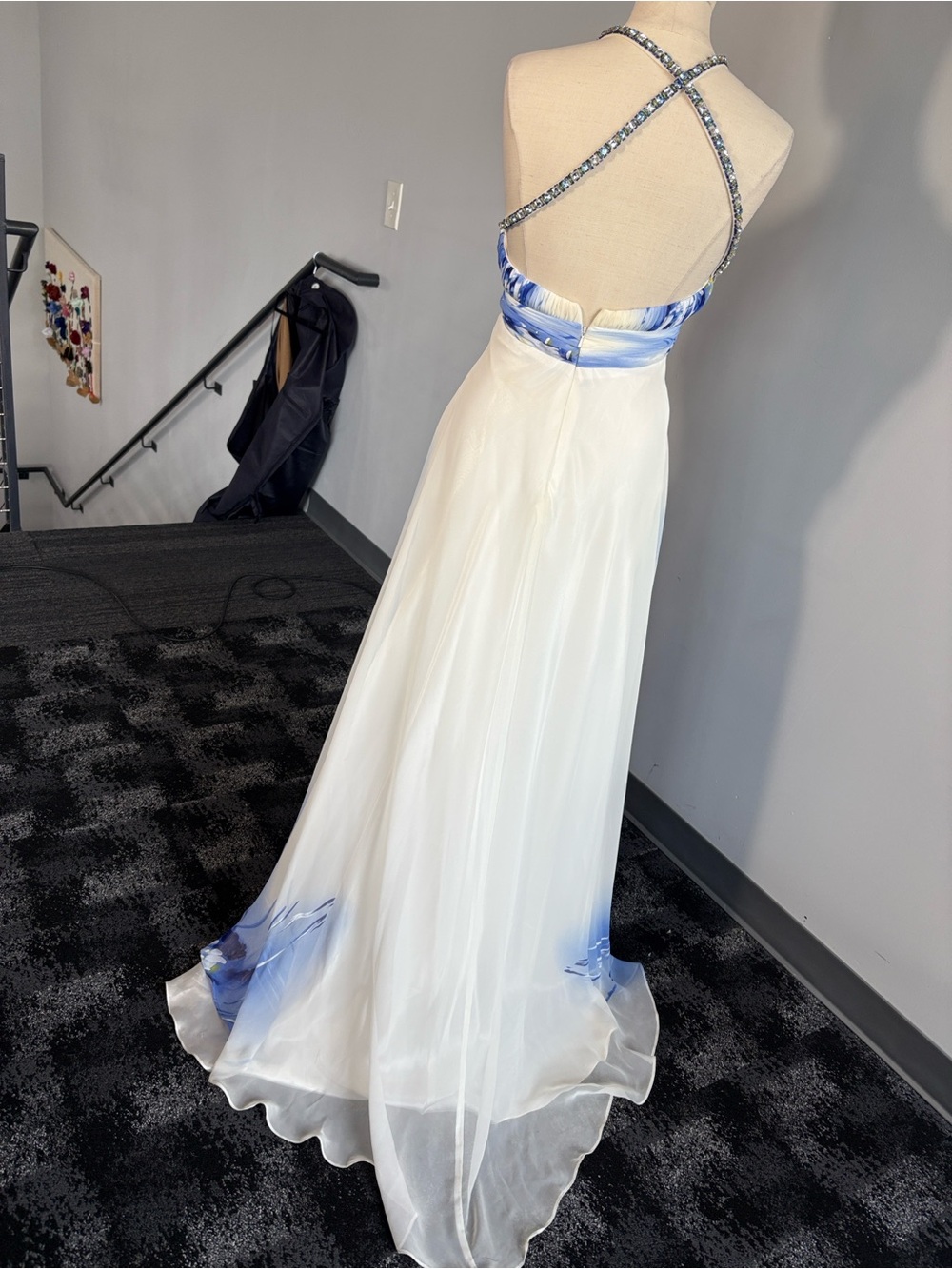 Cache Strapless Blue, White & Green Embellished Evening Dress - Picture 5 of 7